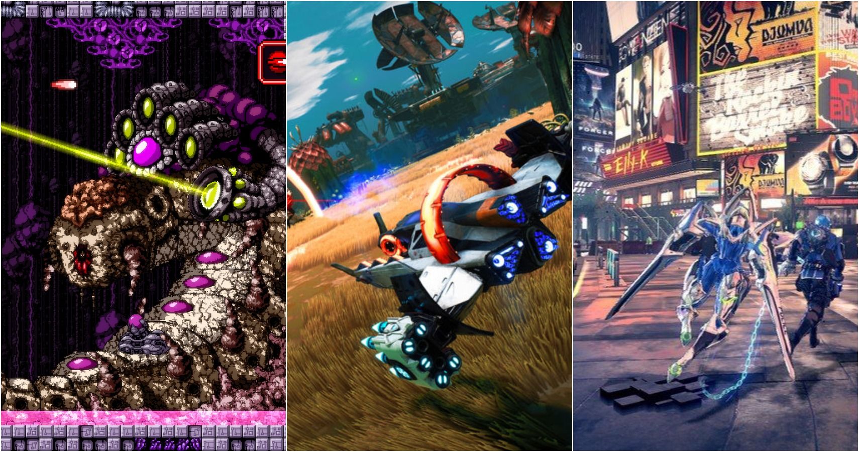 split image of Axiom verge monster, Starlink Arwing, and Astral Chain mech in city