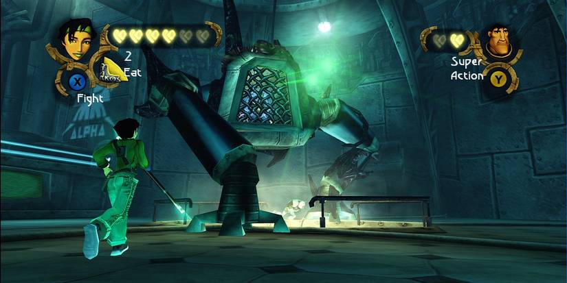 Hero approaching robotic creature in industrial area in Beyond Good and Evil PS2