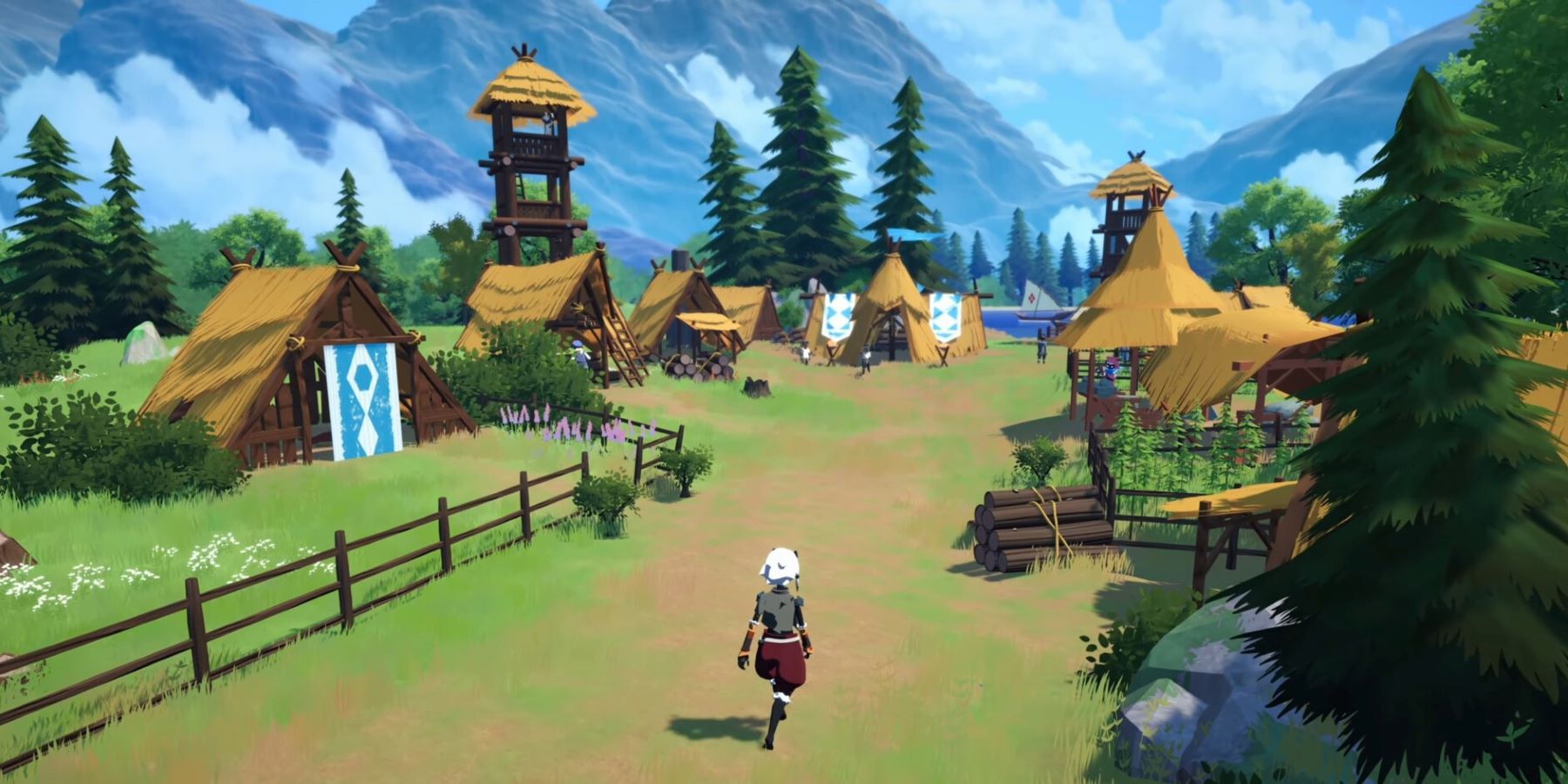 A player character in Bitcraft walking into a small village