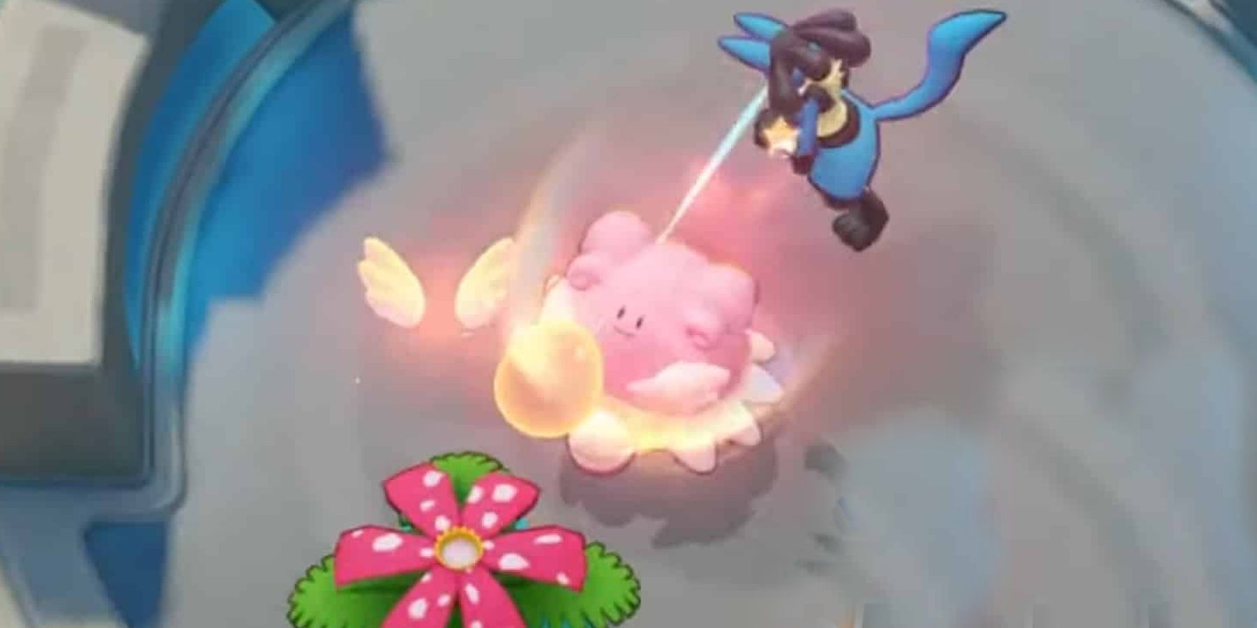 Blissey fighting a Venosaur and a Lucario