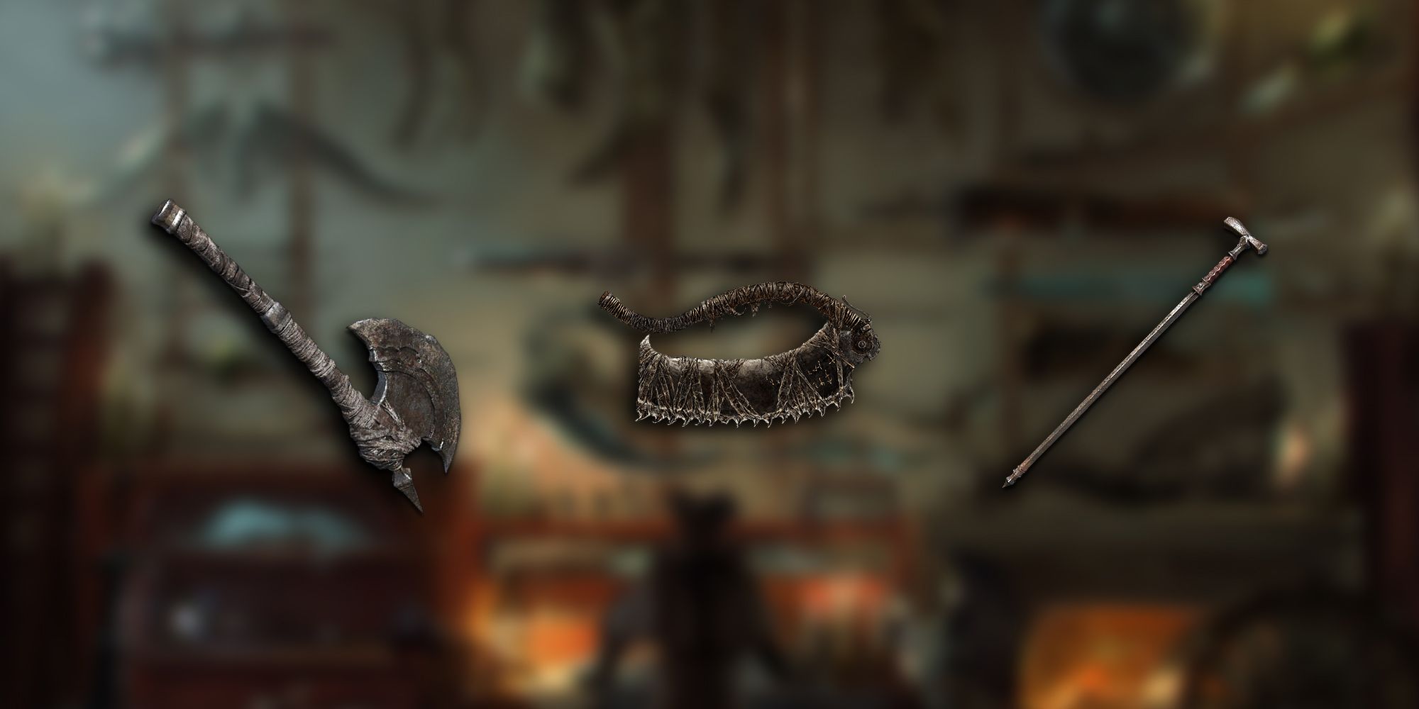 Bloodborne - All Three Starter Weapon PNGs Overlaid On Image Of The Wall Of Weapons In Hunter's Dream