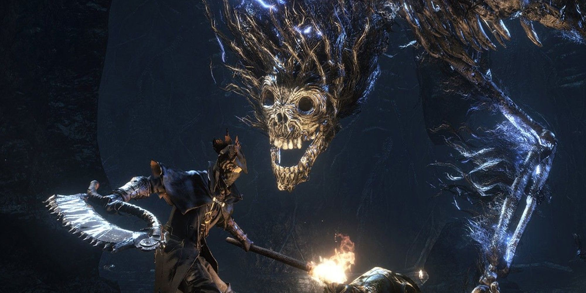 Bloodborne - The Hunter Charging Up A Swing With The Saw Cleaver Against Darkbeast Paarl