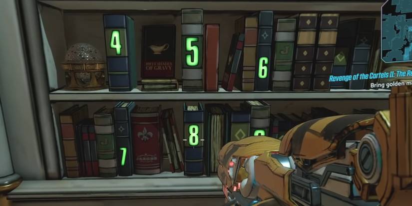 Borderlands 3 Villa mansion cartels puzzle bookshelf with numbered spine books