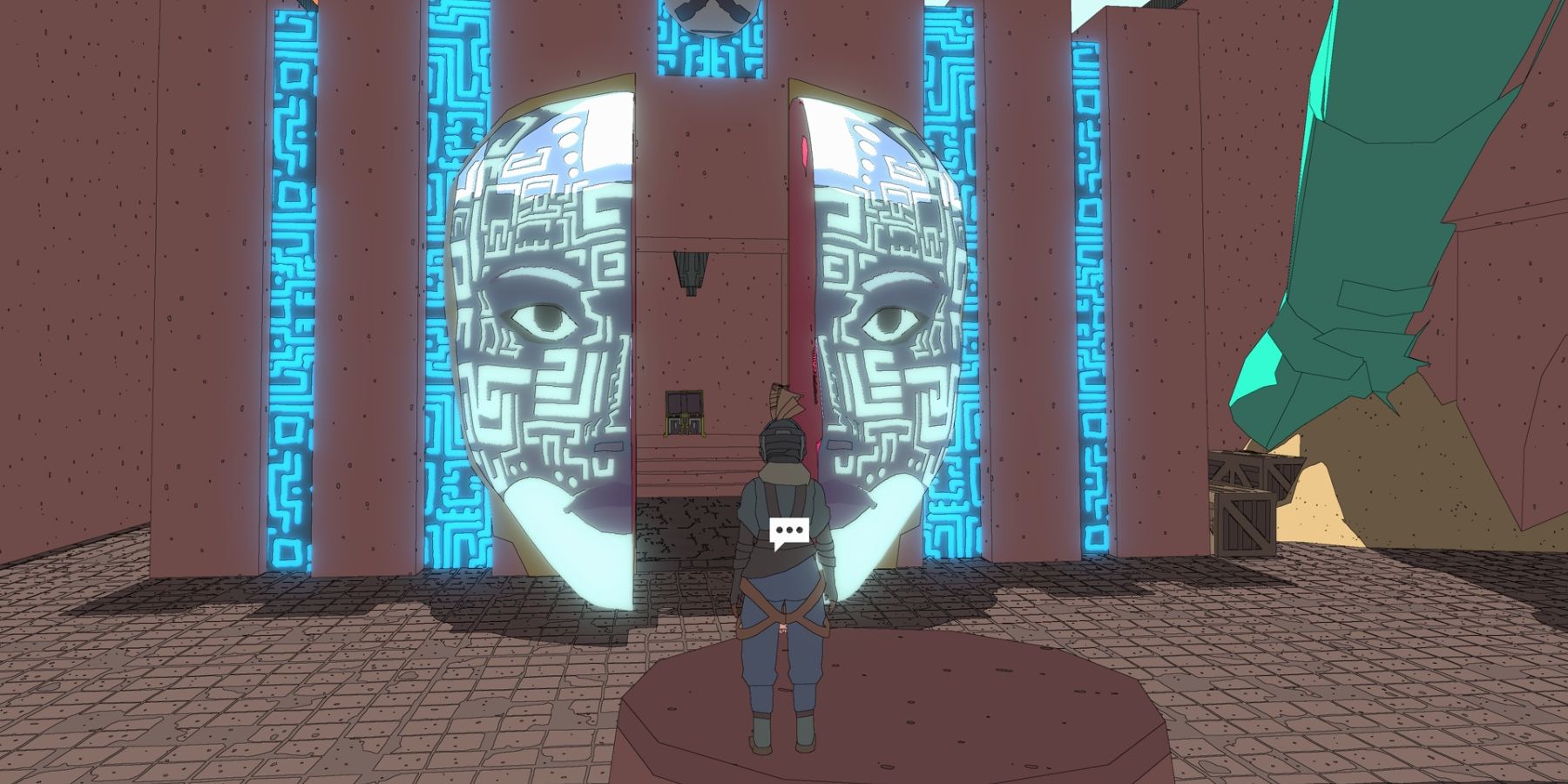 Sable standing in front of open, glowing door that is two halves of a face