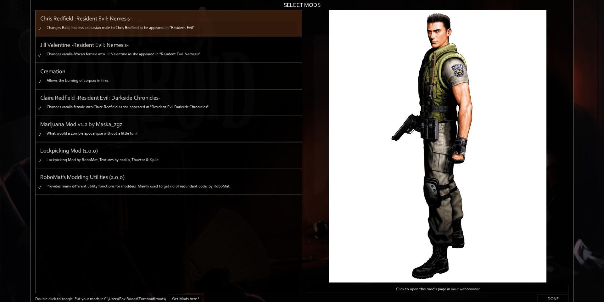 Chris Redfield mod for Project Zomboid