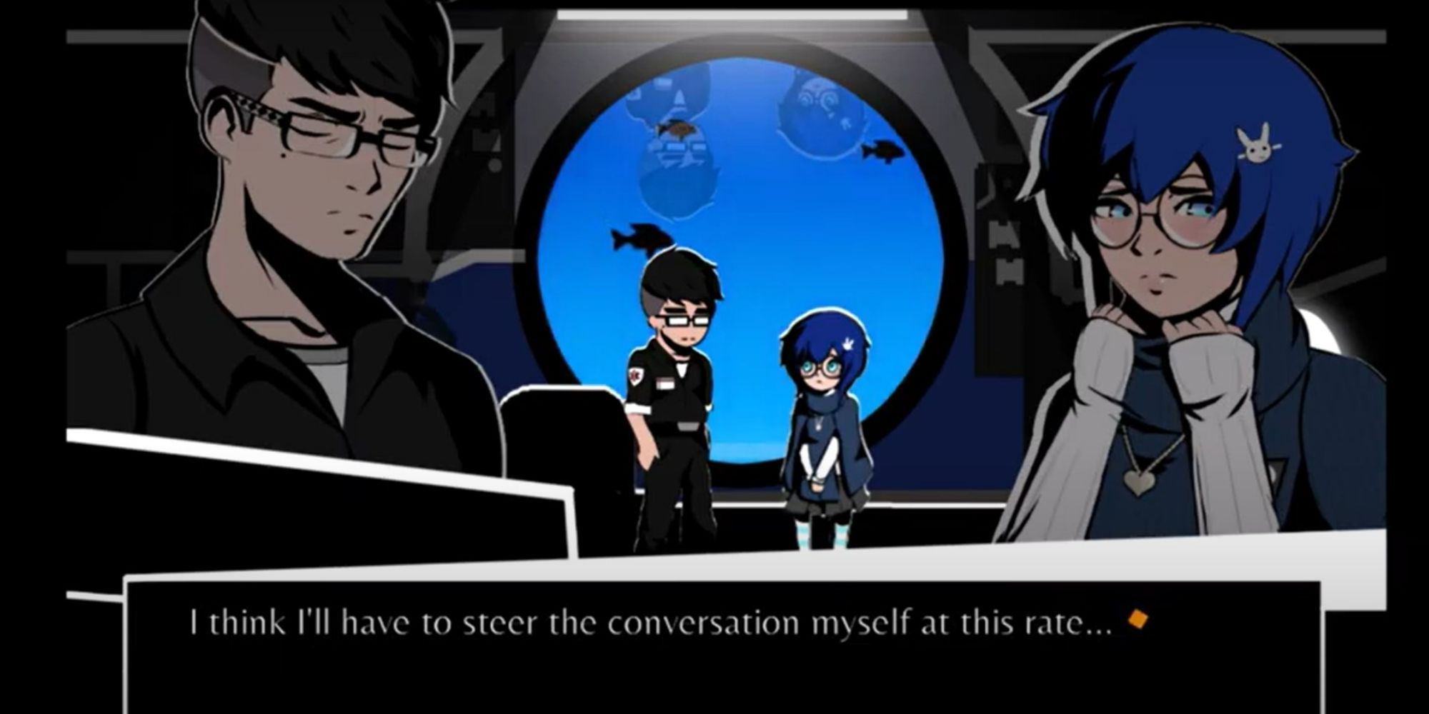 Two characters talk with their reflections in the background in Chromatose