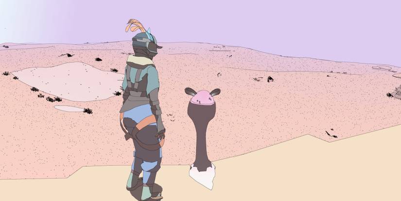 Sable collecting a white, speckled Chum Egg overlooking a desert