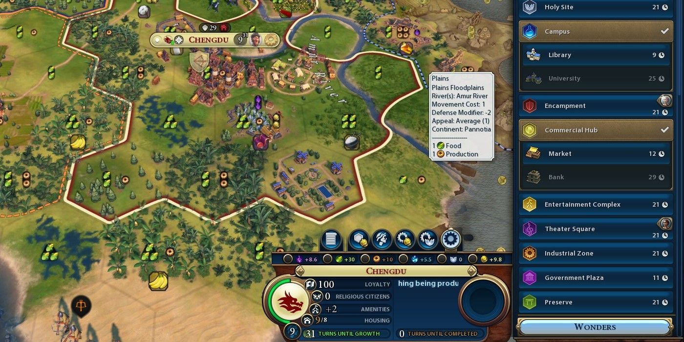 Civilization 6 screenshot of the build screen showing the various districts including campus and commercial hub