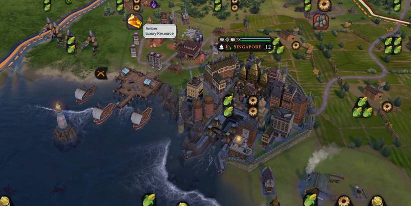 Civilization 6 screenshot of the city-state of Singapore while highlighting the Amber Luxury Resource node