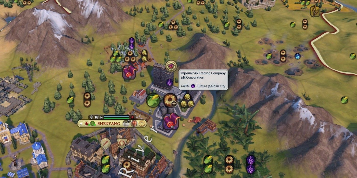 Civilization 6 screenshot of a Silk-based corporation with tooltip showing the bonus