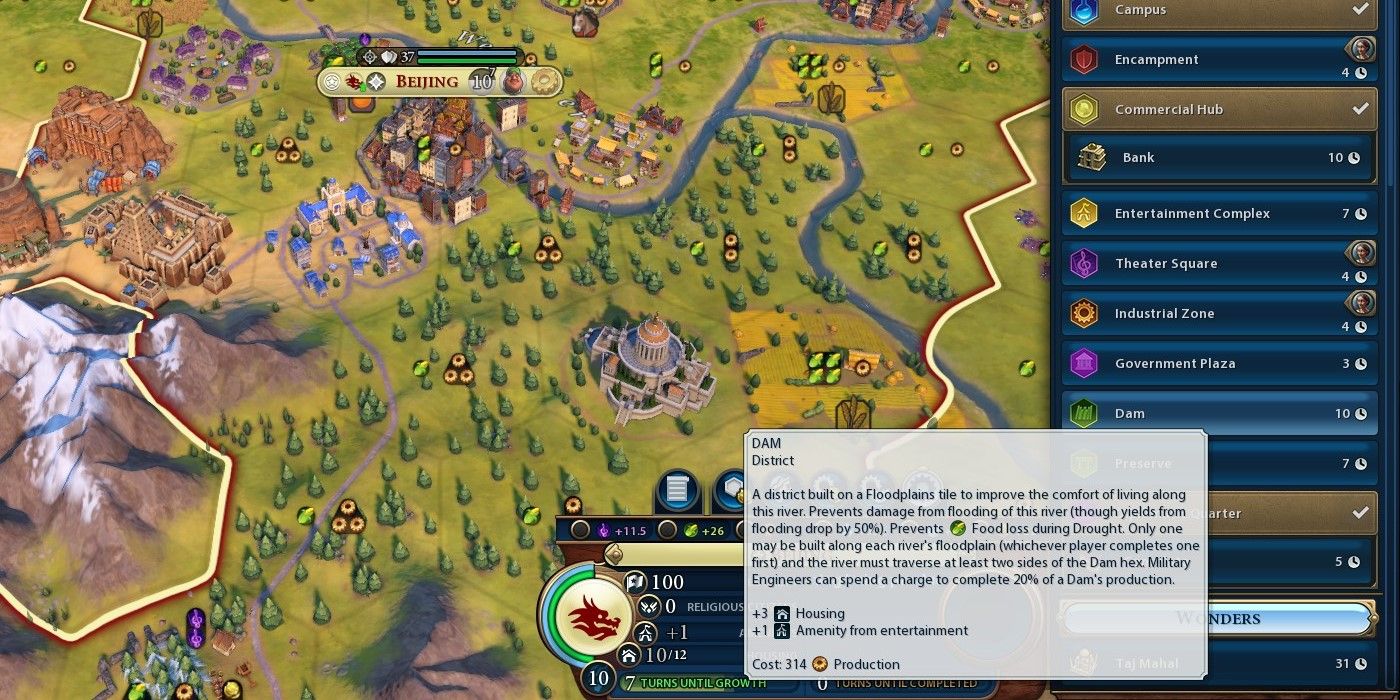 Civilization 6 screenshot of the build screen with Dam tooltip
