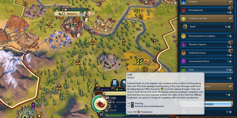 Civilization 6 screenshot of the build screen with Dam tooltip