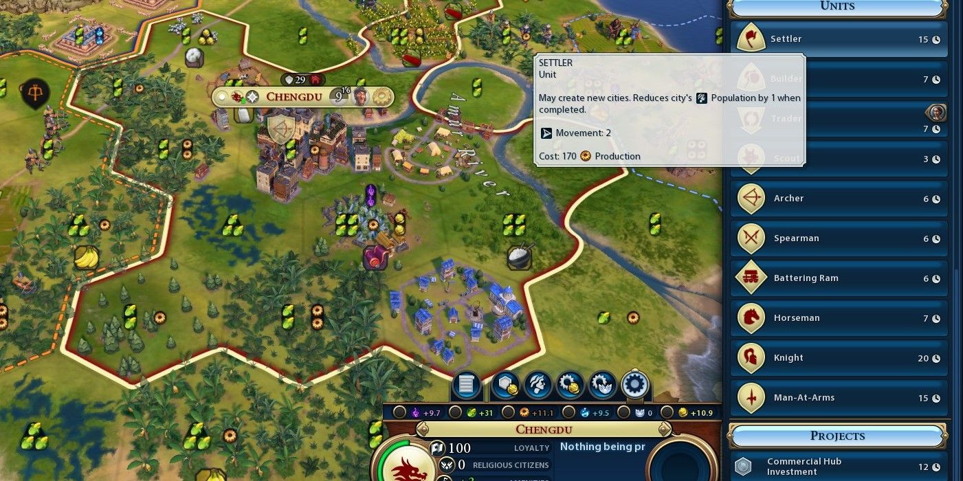Civilization 6 screenshot of the build screen with the Settler tooltip