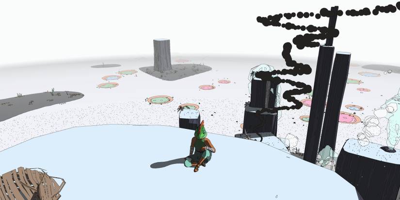 Person in a lizard mask sitting on a platform overlooking a desert dotted with pools of water