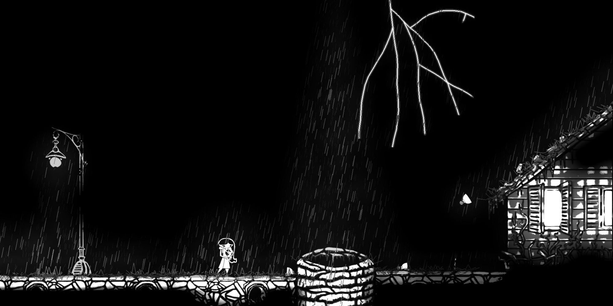 The protagonist standing outside beside a well on a rainy night in Closure