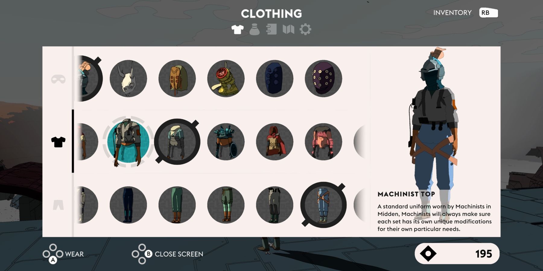 In game menu with three rows of multiple clothing options and a character model on the right