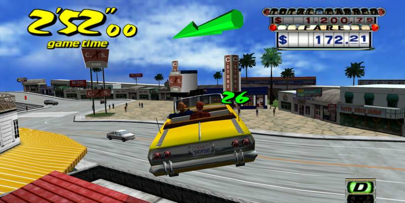Crazy Taxi gameplay showing a taxi making a jump while dropping off a customer