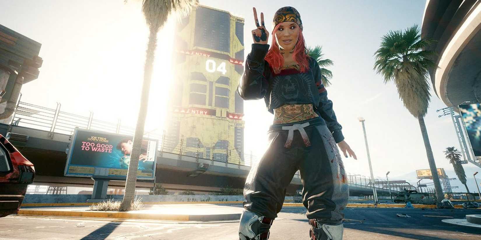 Cyberpunk 2077 a character giving the peace sign