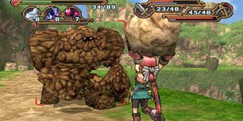 Hero tossing rock at Golemn foe in Dark Cloud PS2