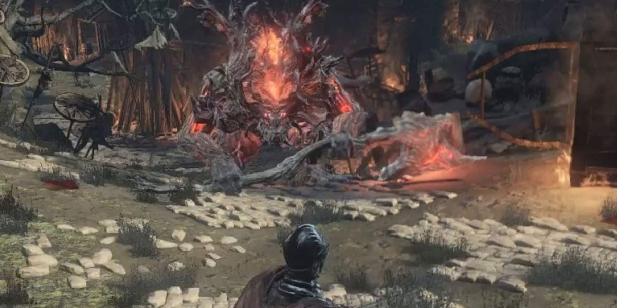 Dark Souls 3 player fighting Fire Demon mini boss