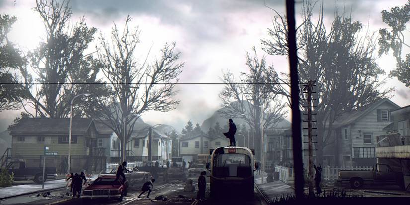 Randall standing atop a bus in a town surrounded by the dead in Deadlight