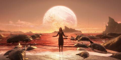 Death Stranding  - Amelie Standing Stylistically Against A Pure Red Sky On The Beach