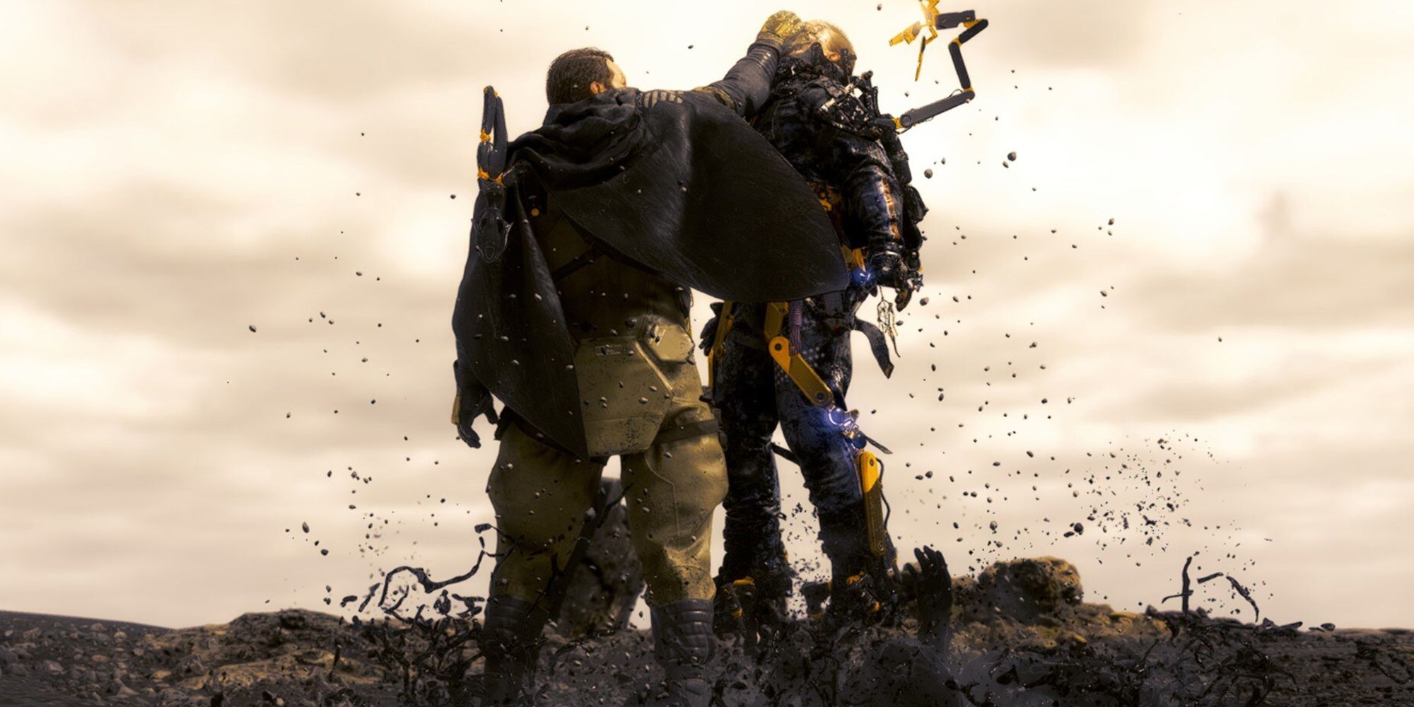 Death Stranding  - Higgs Lifting Up Sam With His Golden Mask, Also Showing How Tall He Is