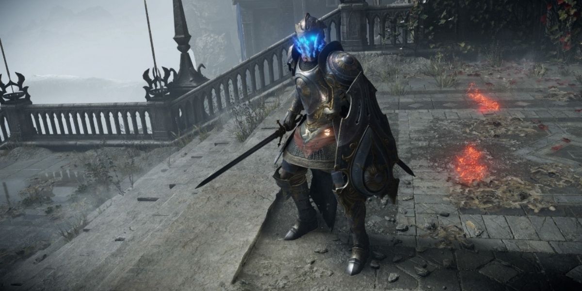 Demon's Souls player wearing Blue Eye Knight armor set