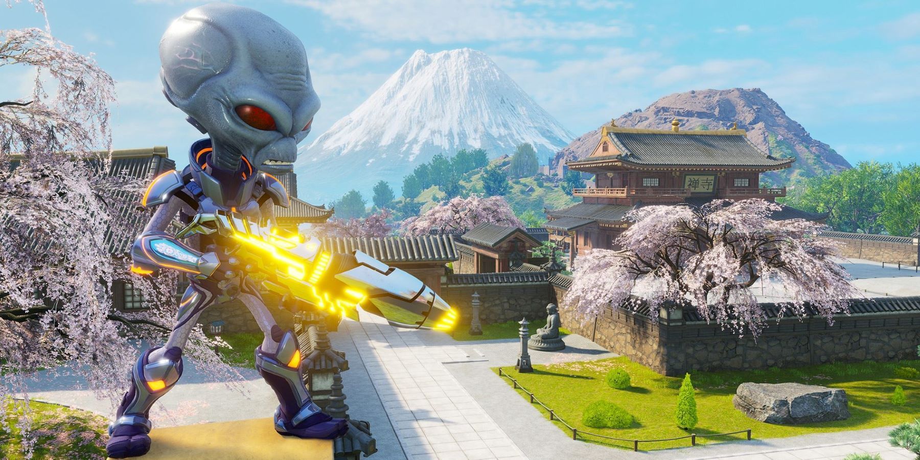 Crypto standing in front of Mt. Fuji and a Japanese castle in Destroy All Humans! 2: Reprobed