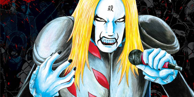 Character posing in stage makeup with microphone Detroit Metal City