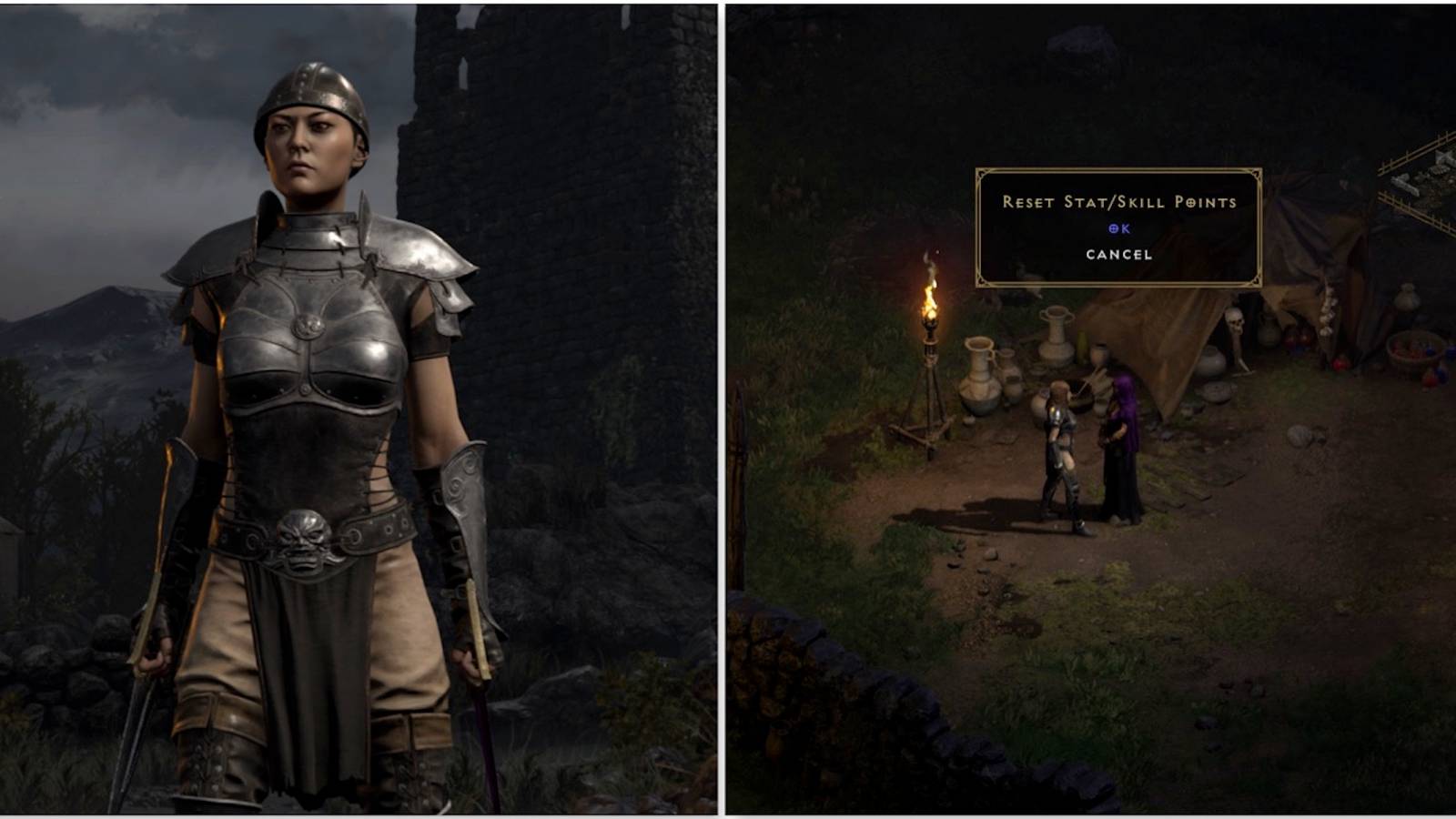 The title screen and talking to an NPC from Diablo 2: Resurrected