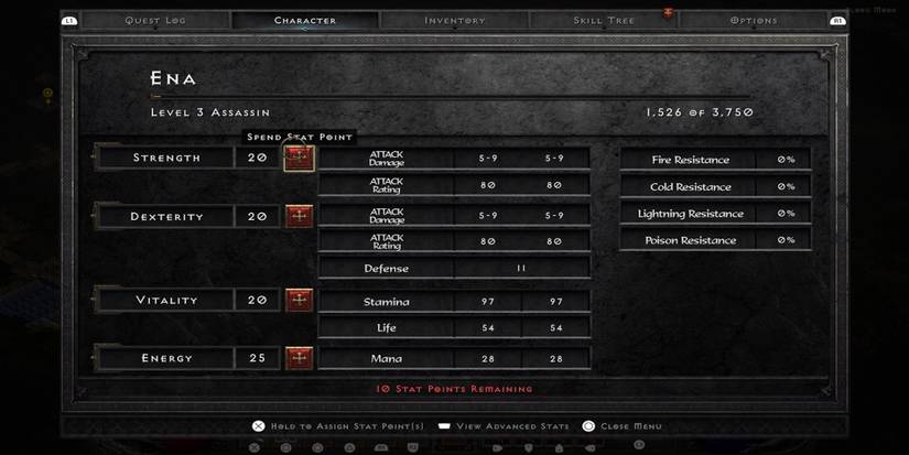The stat menu from Diablo 2: Resurrected