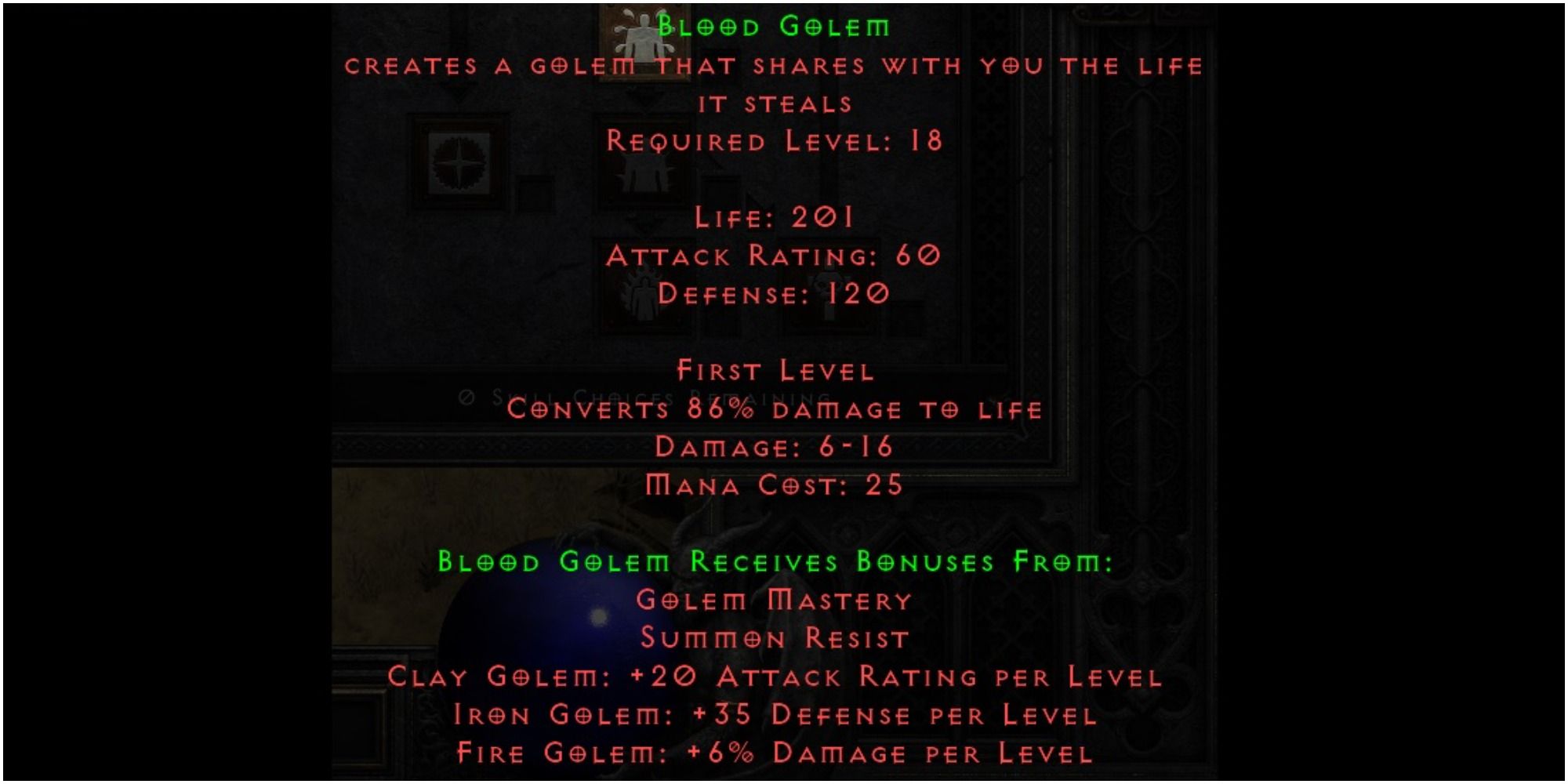 Diablo 2 Resurrected Blood Golem Skill Description At Level One