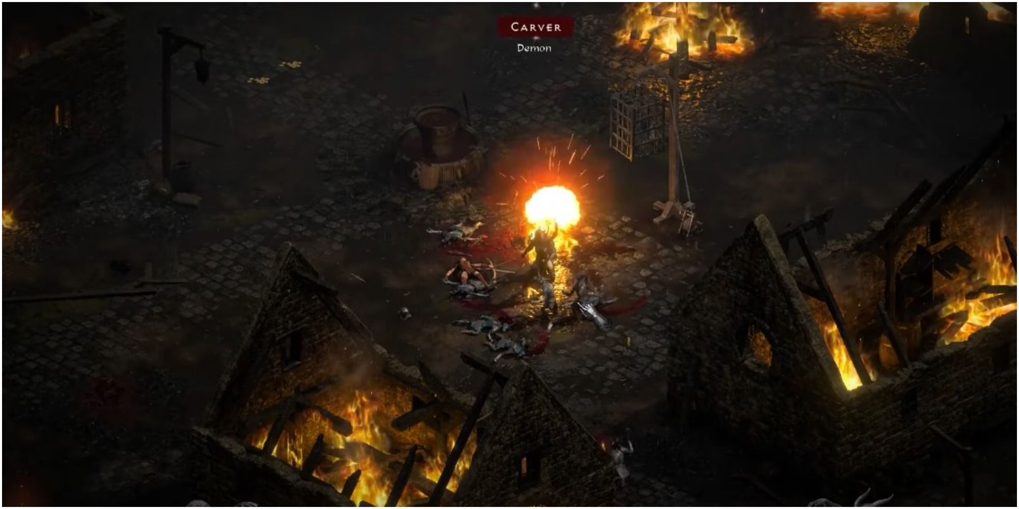 Diablo 2 Resurrected Assassin Landing An Explosive Hit Against A Carver Demon