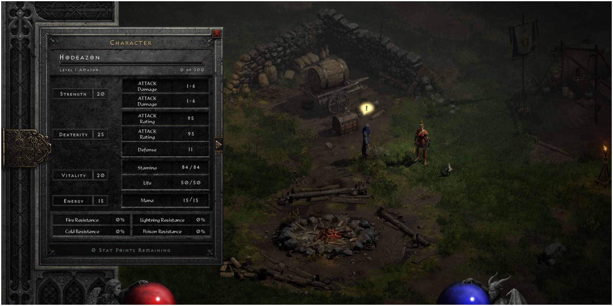 Diablo 2 Resurrected Character Detail Screen At Level One For The Amazon