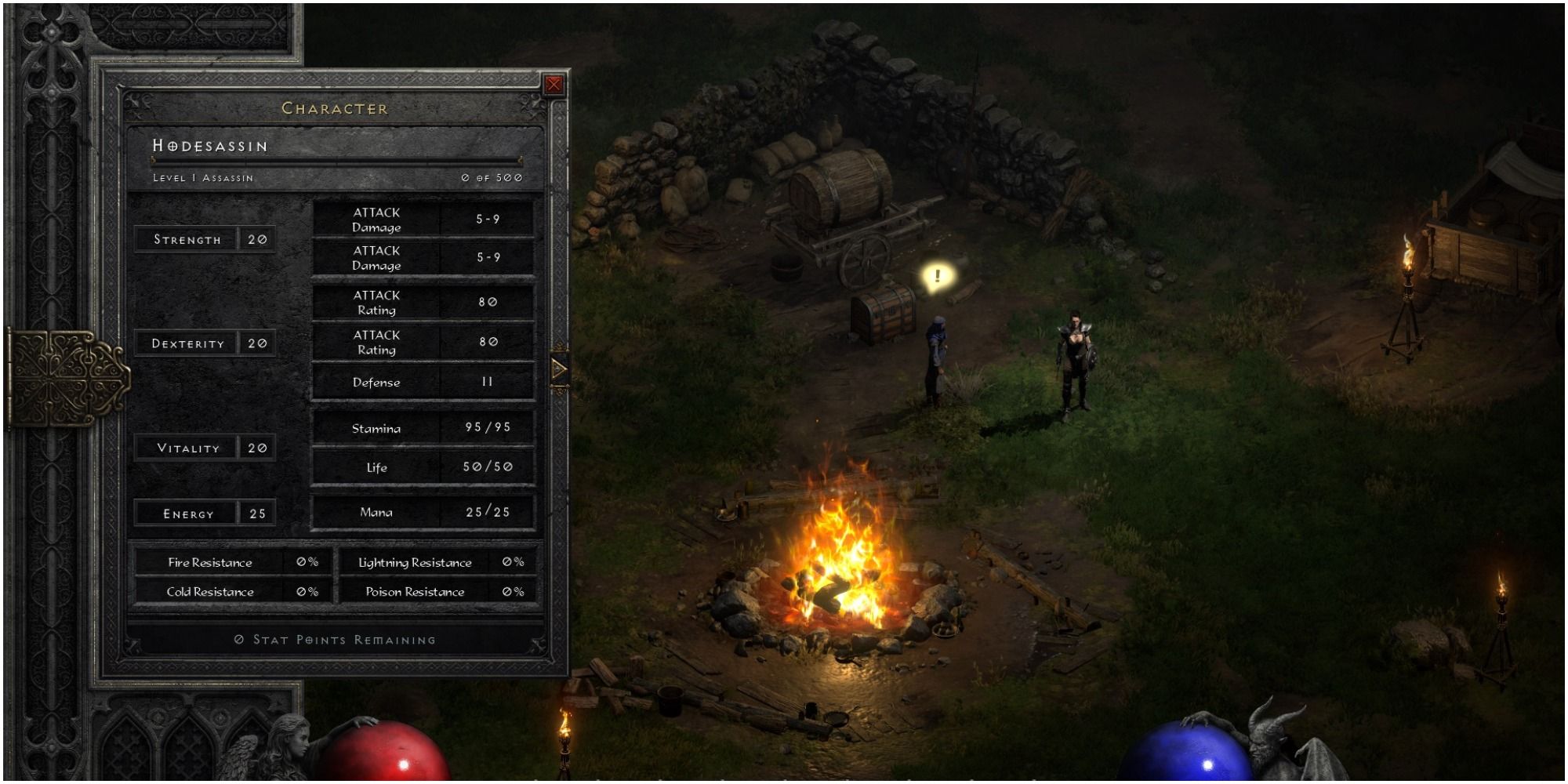 Diablo 2 Resurrected Character Sheet For A Level One Assassin