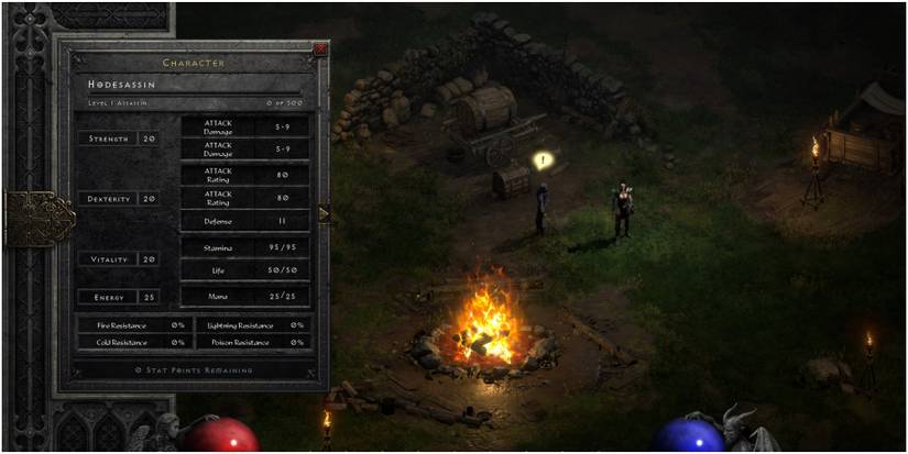 Diablo 2 Resurrected Character Sheet For A Level One Assassin
