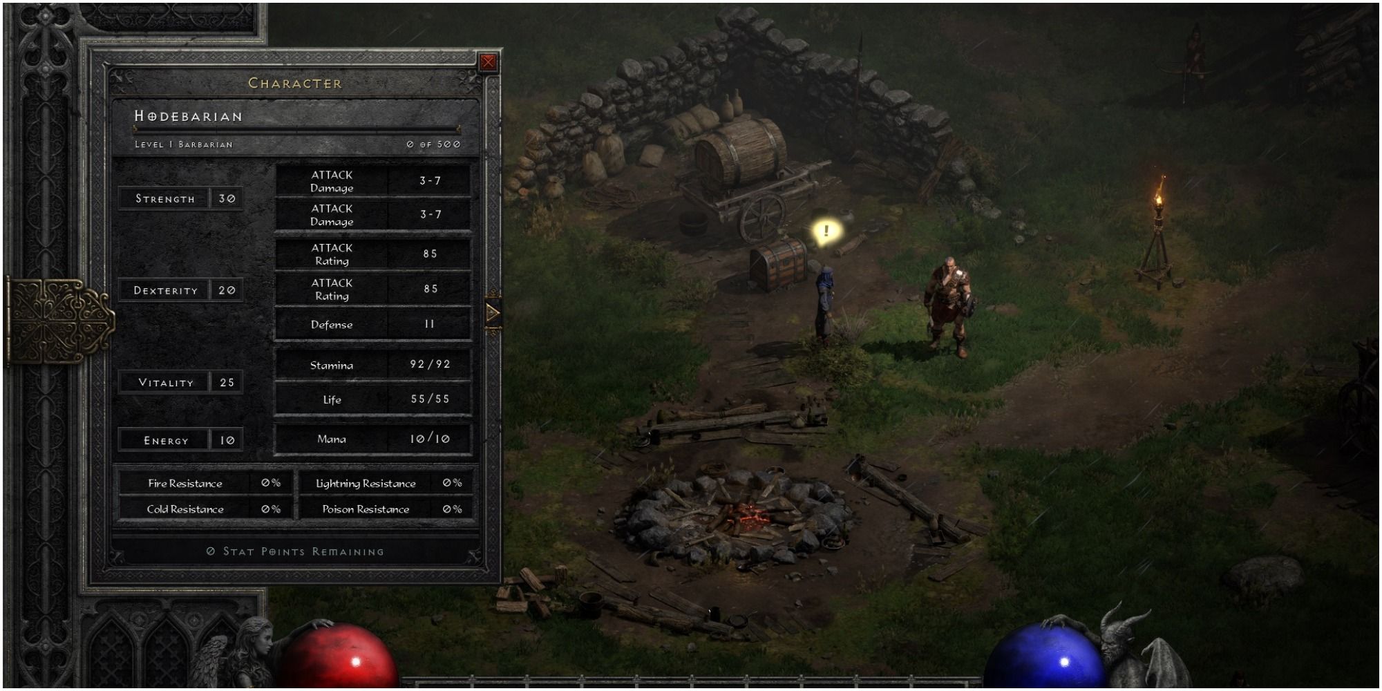 Diablo 2 Resurrected Character Sheet For A Level One Barbarian