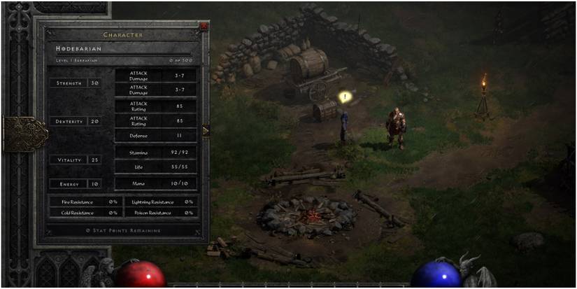 Diablo 2 Resurrected Character Sheet For A Level One Barbarian