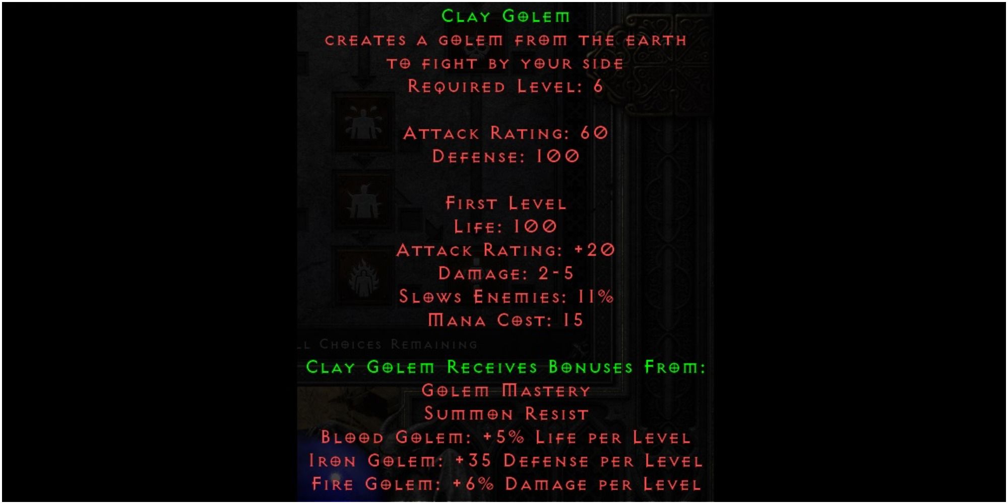 Diablo 2 Resurrected Clay Golem Skill Description At Level One