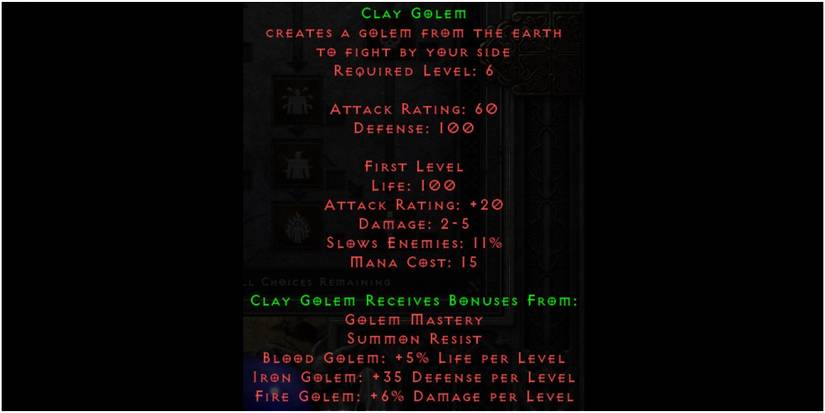 Diablo 2 Resurrected Clay Golem Skill Description At Level One
