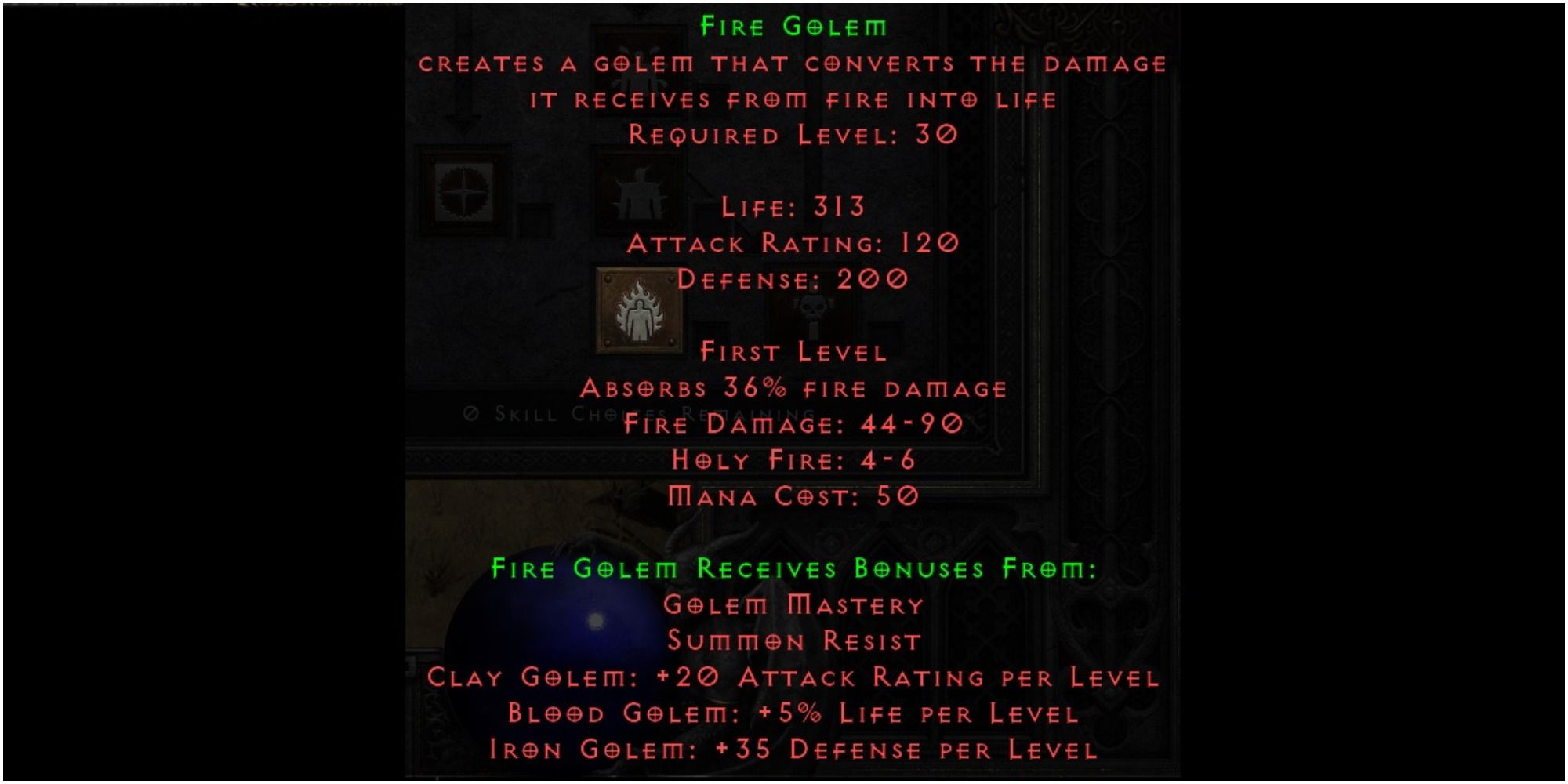 Diablo 2 Resurrected Fire Golem Skill Description At Level One