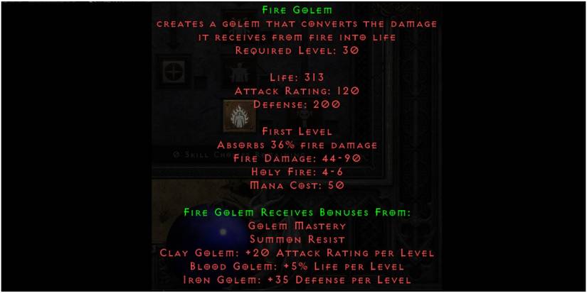 Diablo 2 Resurrected Fire Golem Skill Description At Level One