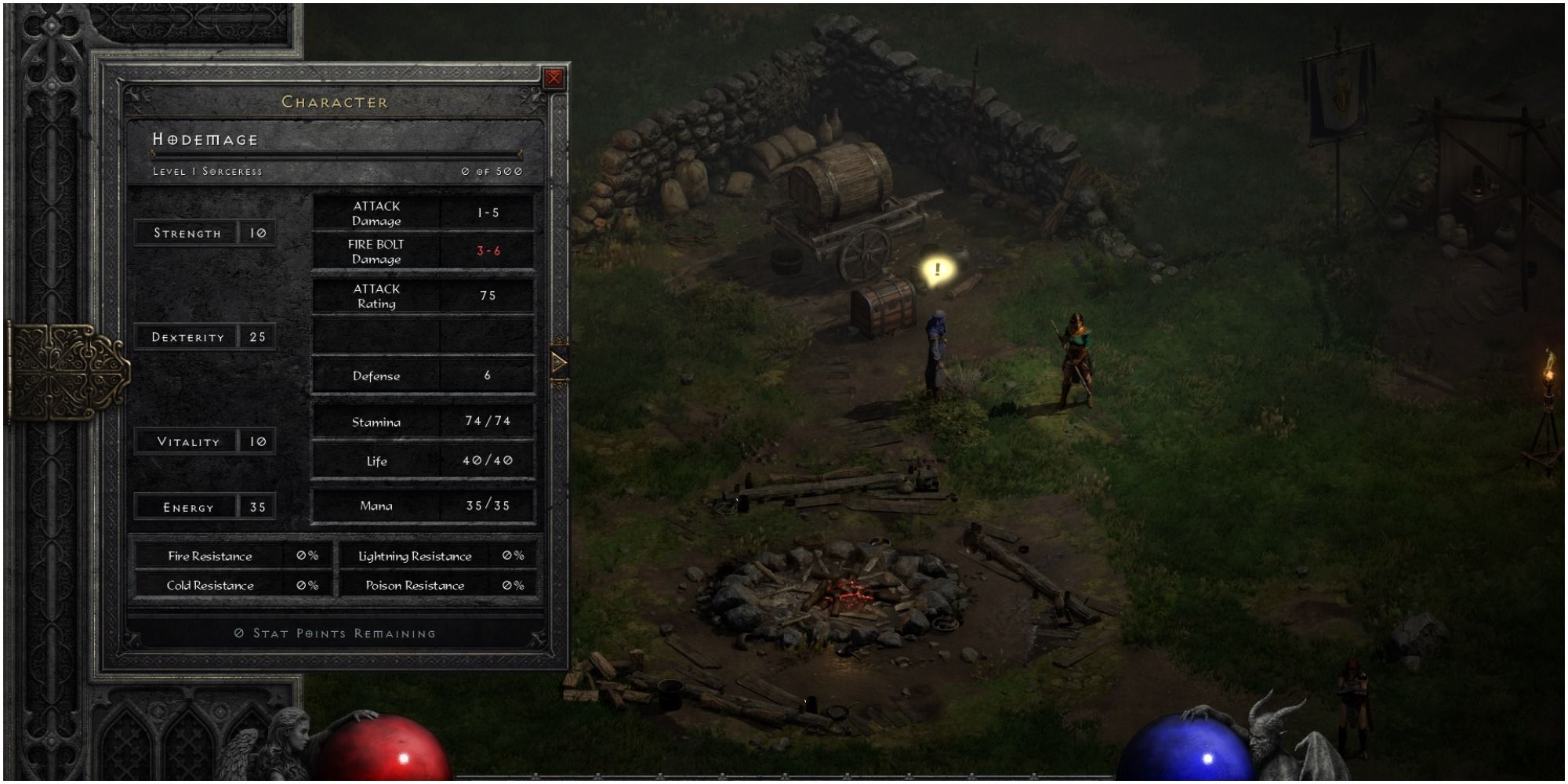 Diablo 2 Resurrected Looking At The Level One Character Sheet For The Sorceress