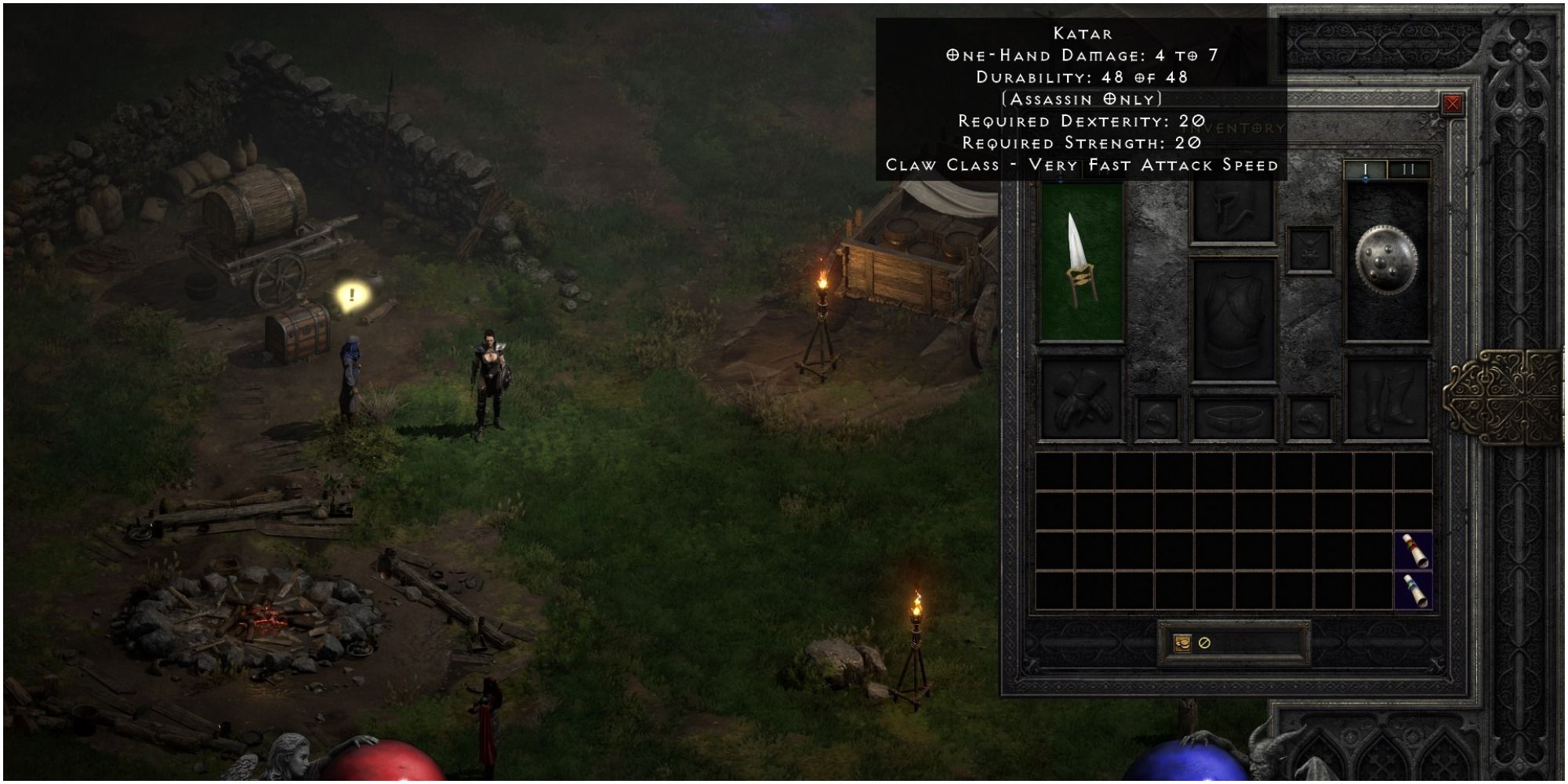 Diablo 2 Resurrected Starting Equipment On A Level One Assassin