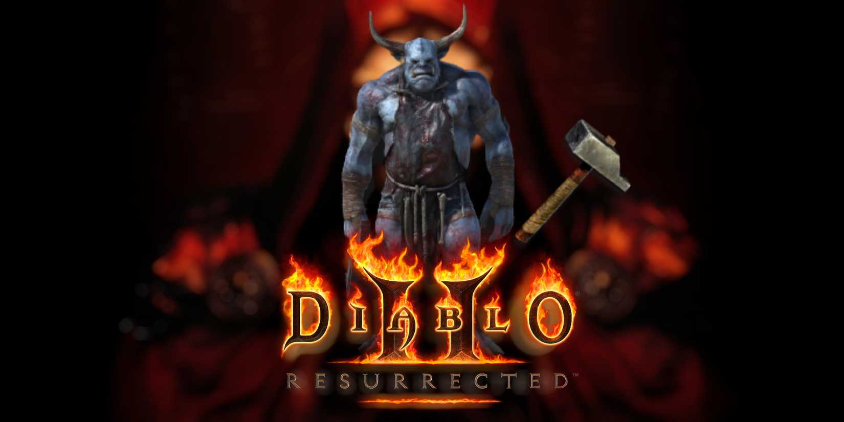 Diablo 2 Resurrected logo on blurred background with the smith demon enemy and hadradic malus