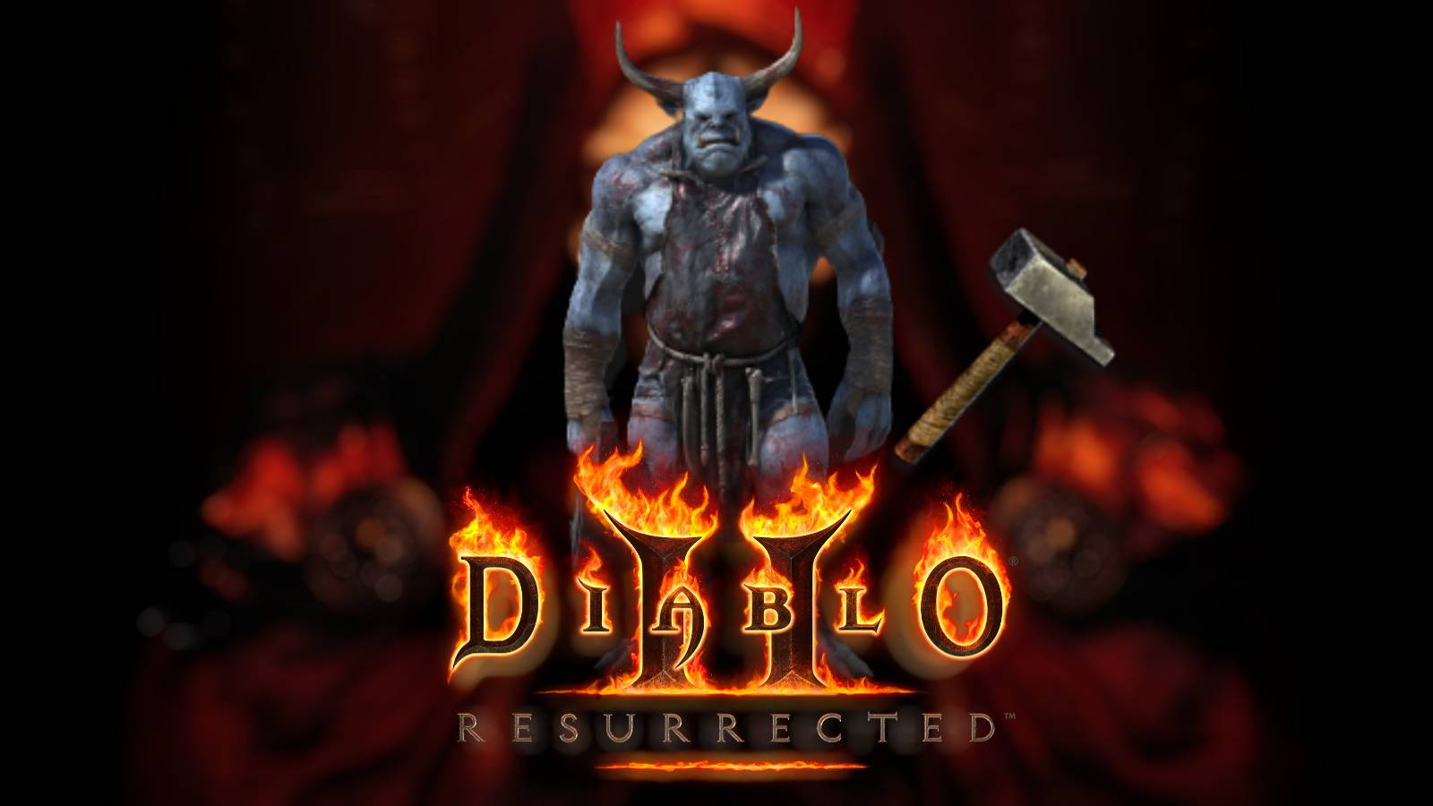 Diablo 2 Resurrected logo on blurred background with the smith demon enemy and hadradic malus