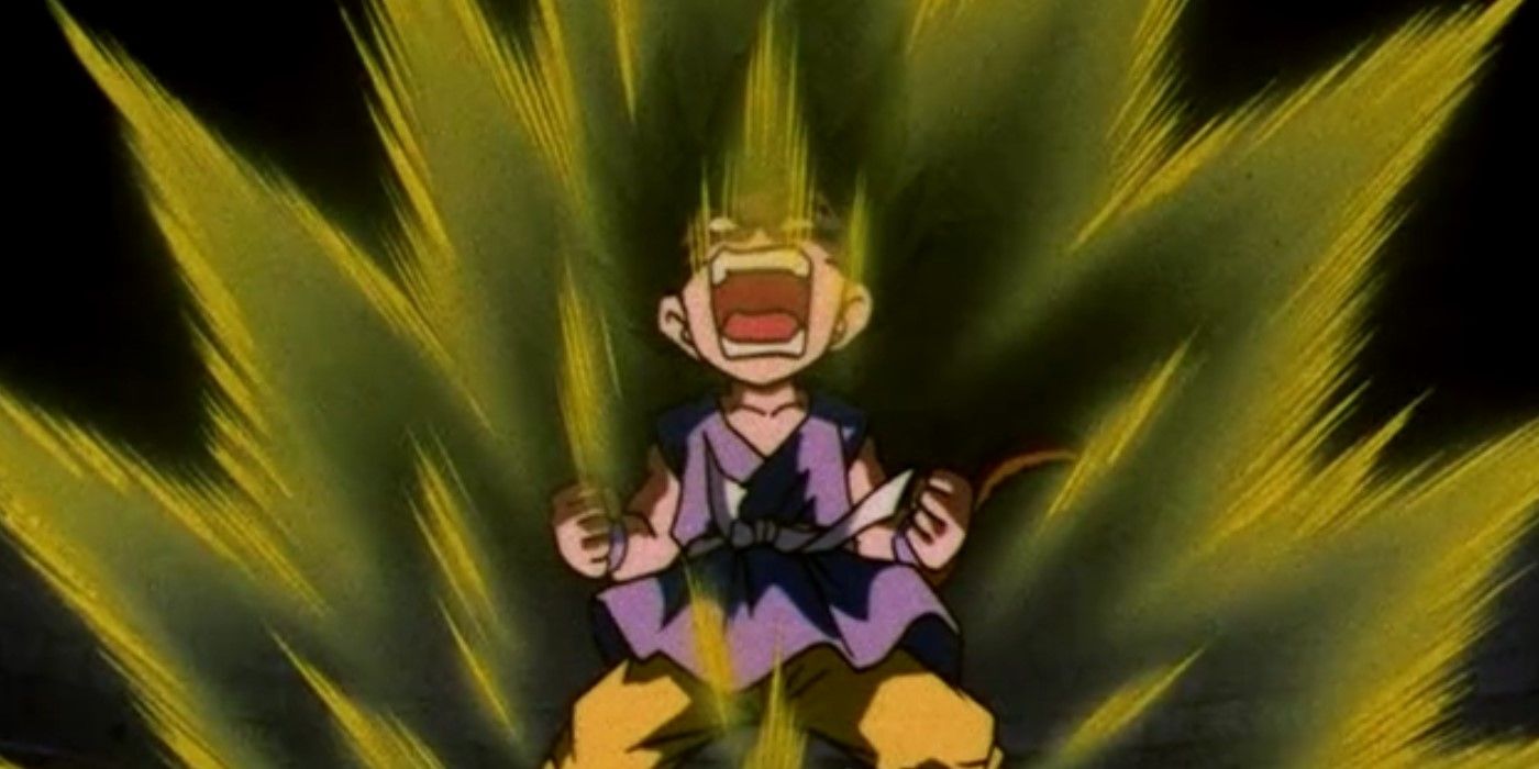 Dragon Ball GT Goku charging up his energy as he is about to transform into a Super Saiyan 4