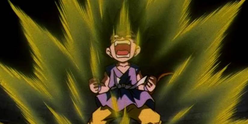 Dragon Ball GT Goku charging up his energy as he is about to transform into a Super Saiyan 4