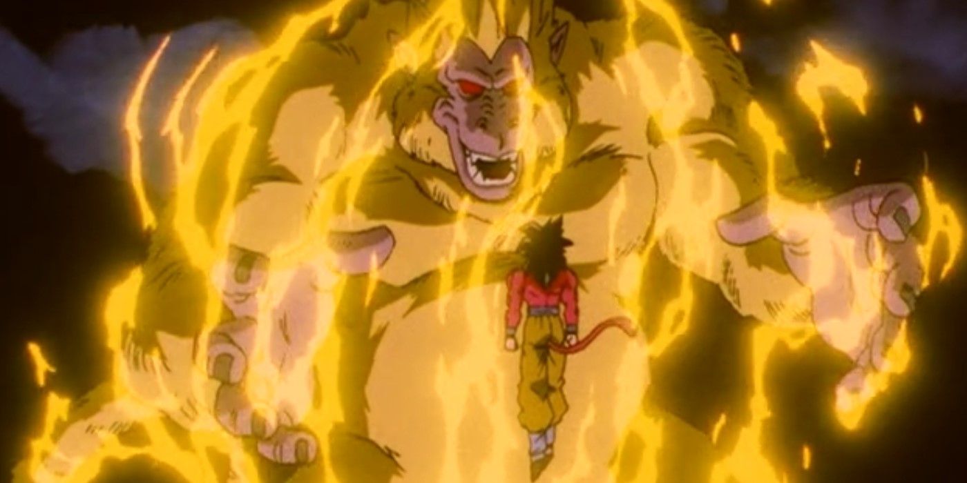 Dragon Ball GT Great Golden Ape Vegeta about to transform into a Super Saiyan 4 in front of Goku